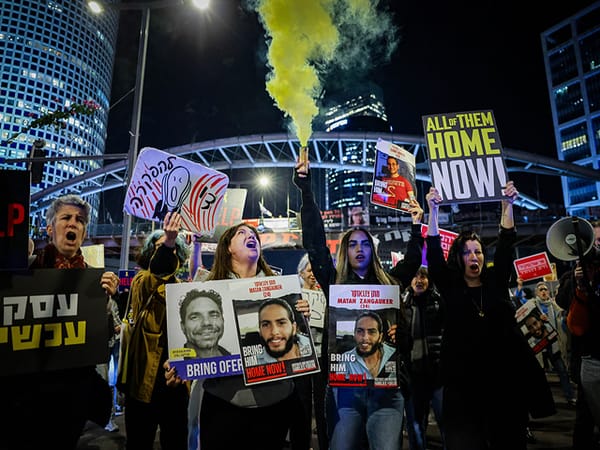 Relatives of Israeli hostages blocked Begin Street in Tel Aviv near the Azrieli Towers